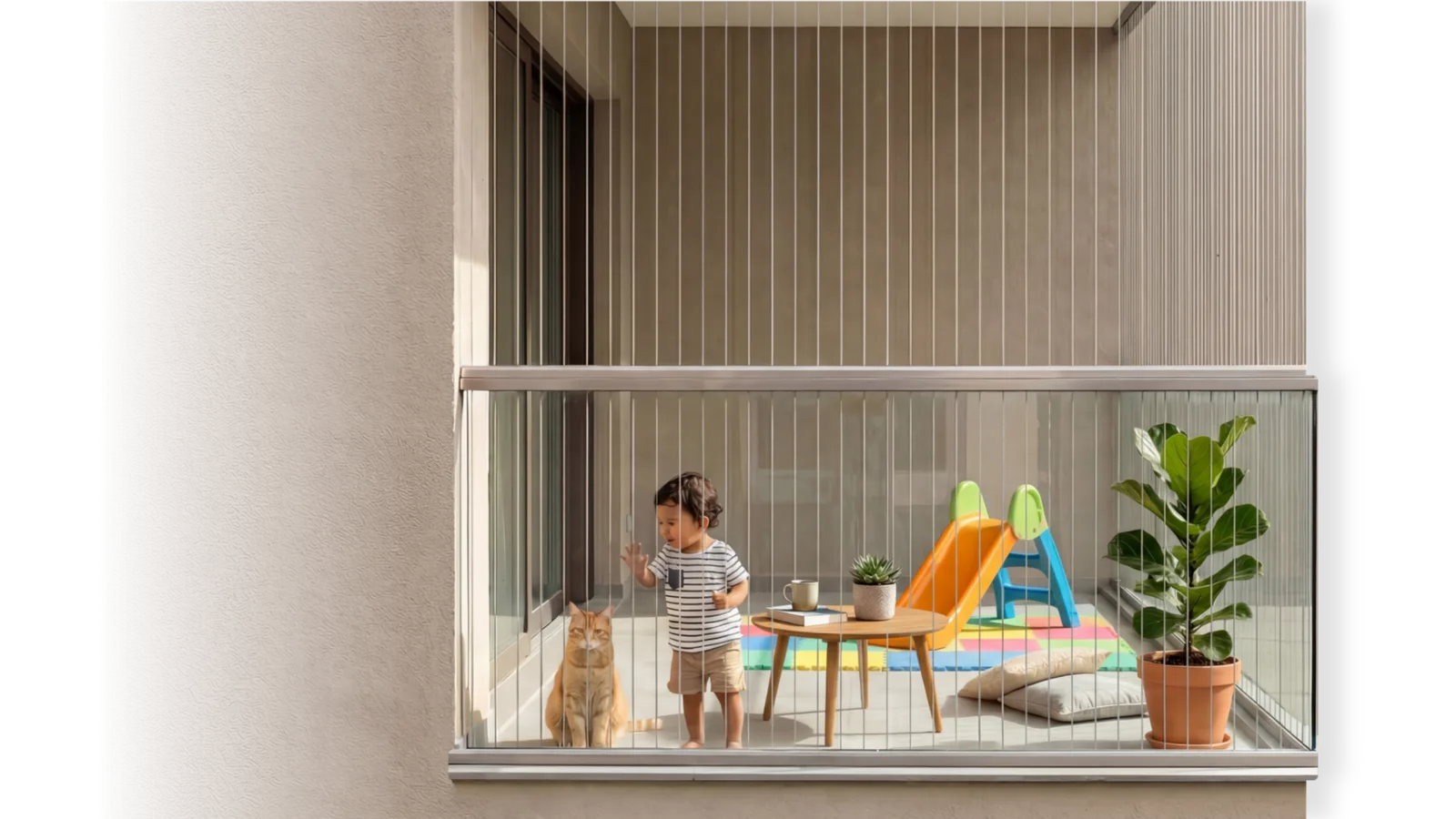 Toddler and cat playing safely on a balcony fitted with invisible grill