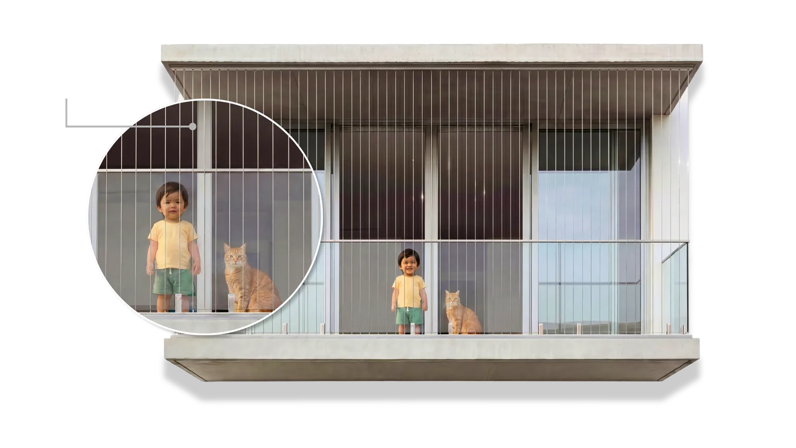 Toddler and cat safe on a condo balcony behind an invisible grill in Malaysia