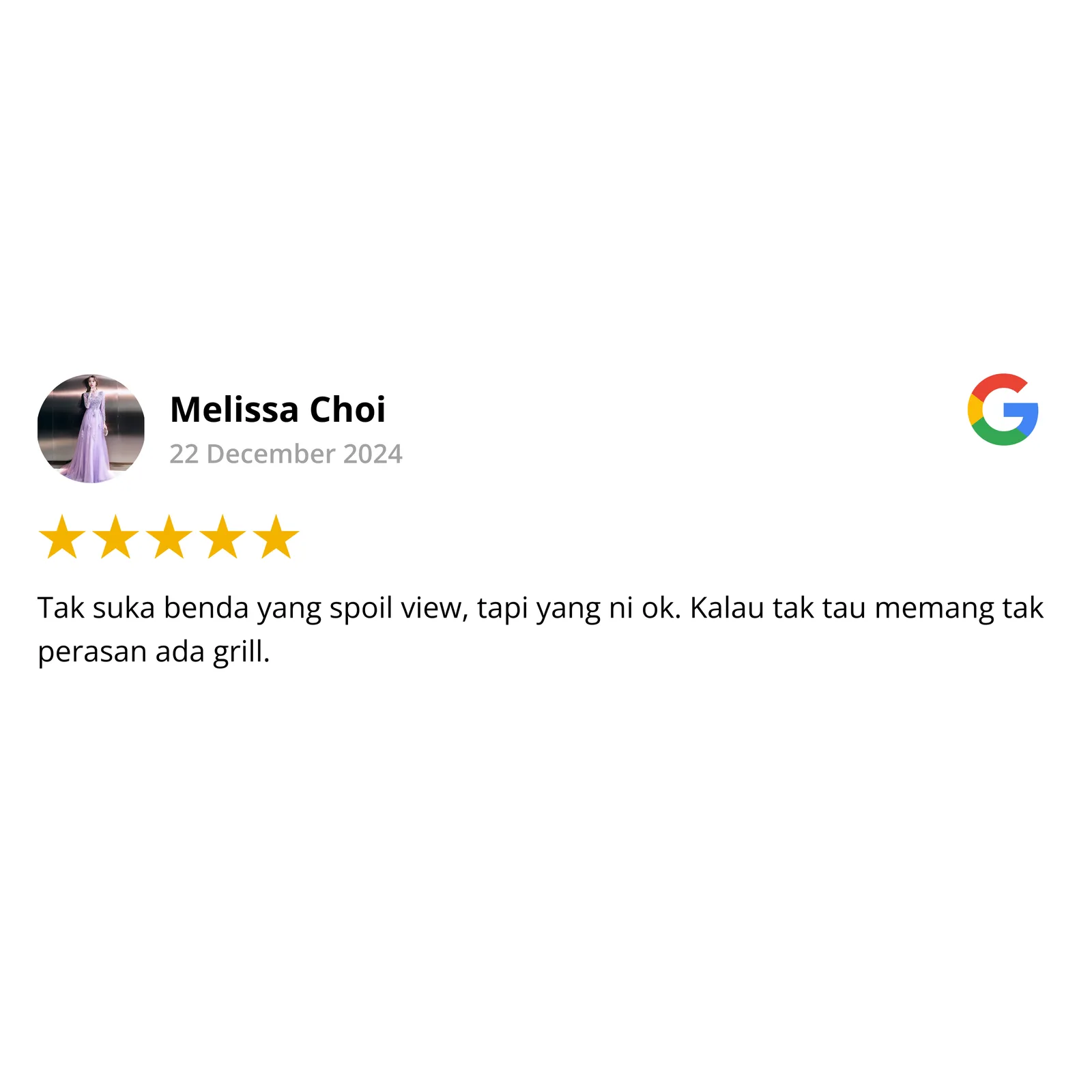 Google review by Melissa Choi, 5 stars — invisible grill does not spoil the view