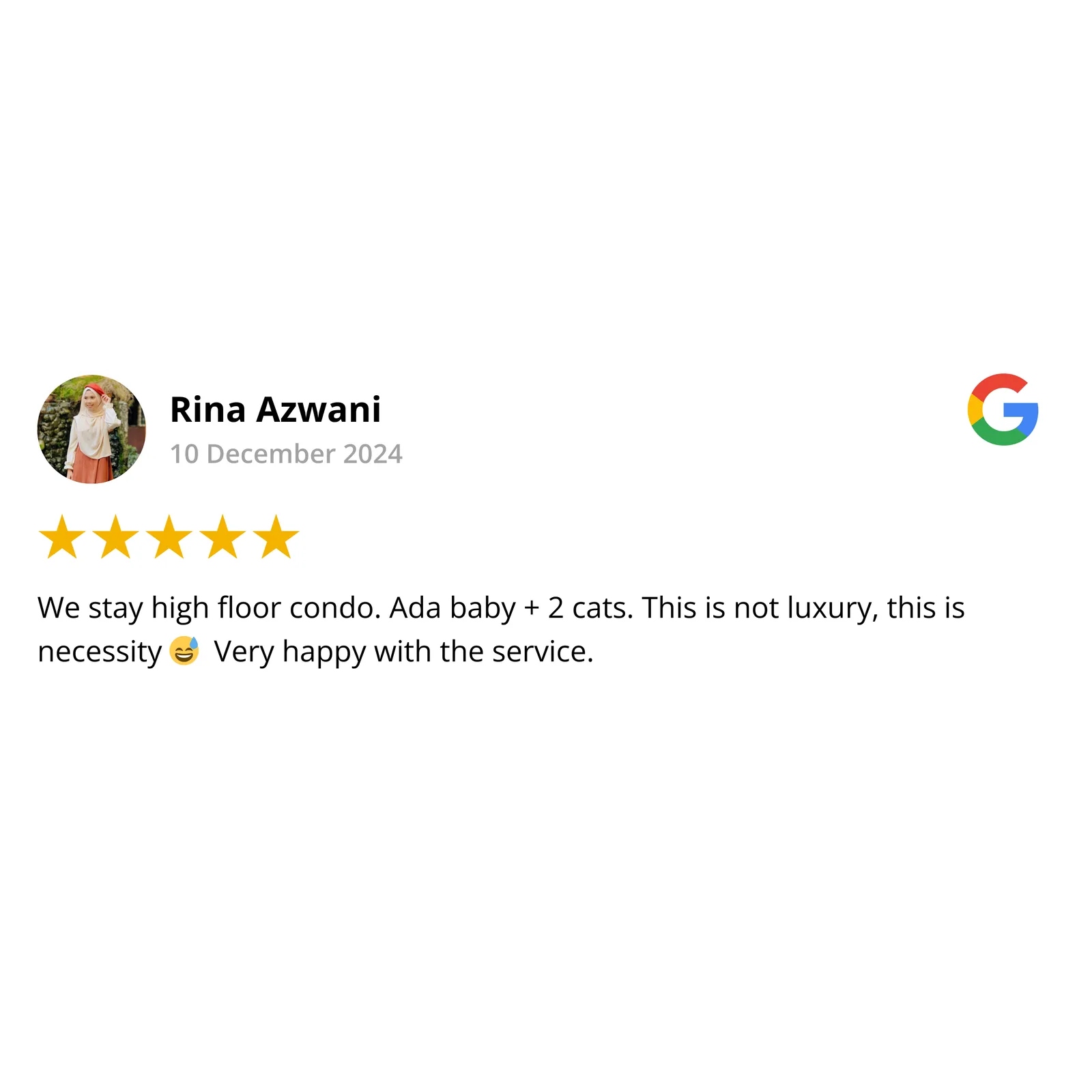 Google review by Rina Azwani, 5 stars — high-floor condo with a baby and two cats, invisible grill a necessity