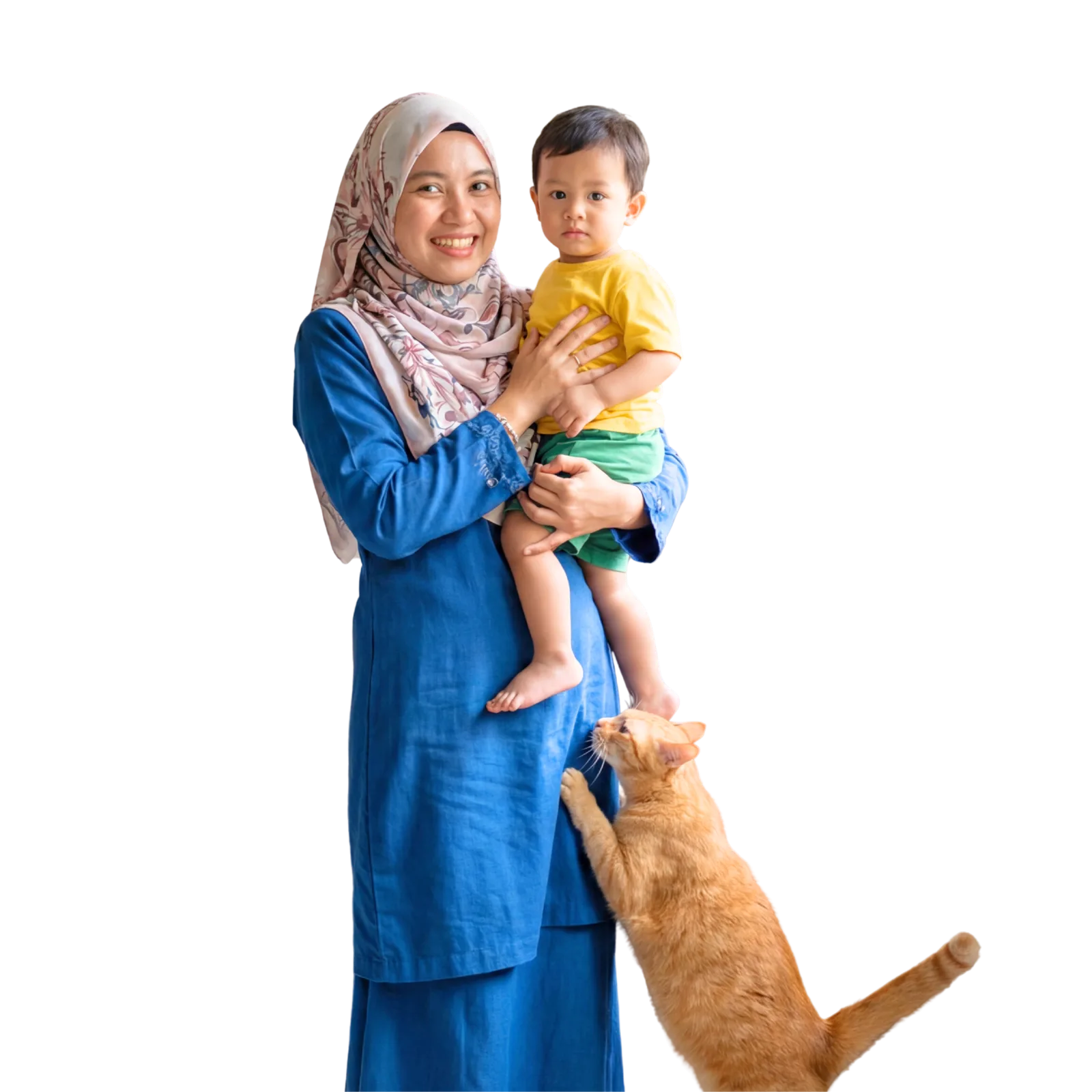 Mother holding her baby beside their cat on a balcony protected by invisible grill